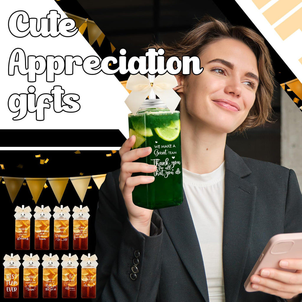Skylety 36 Pcs Thank You Gifts for Coworker Back to School Gift Bulk 2026 Employee Appreciation Gifts Cups Bulk 13.5 oz Clear Skinny Tumblers with Straws Lids Bow(Team,Beige)