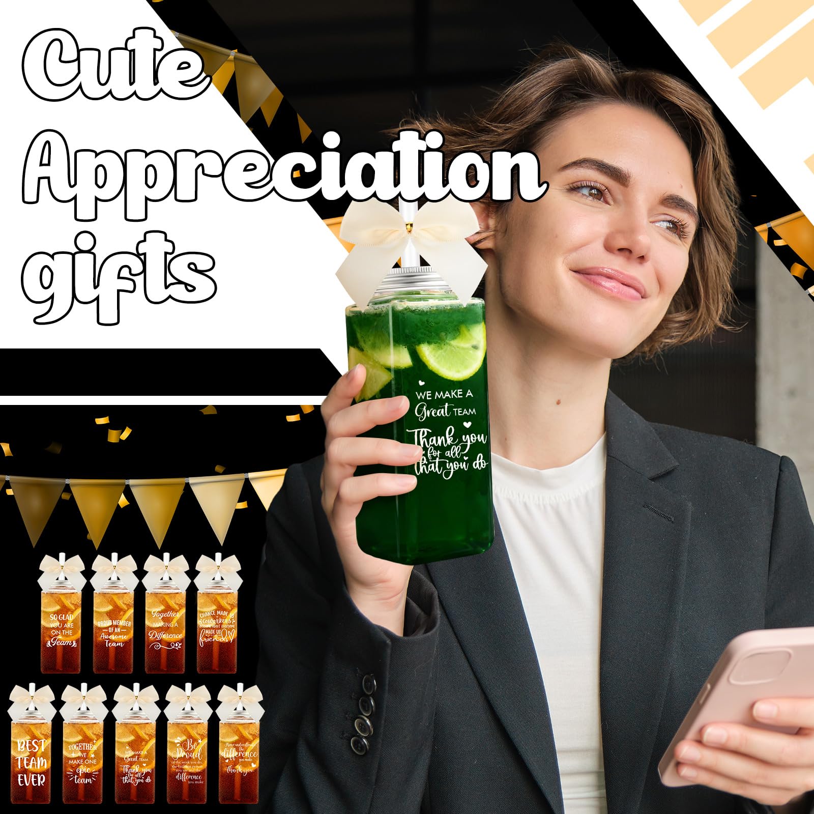 Skylety 36 Pcs Thank You Gifts for Coworker Back to School Gift Bulk 2026 Employee Appreciation Gifts Cups Bulk 13.5 oz Clear Skinny Tumblers with Straws Lids Bow(Team,Beige)
