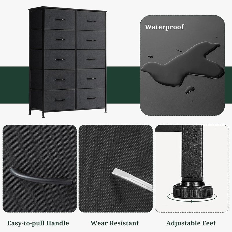 10-Drawer Dresser - Anti-Tip Tall Storage Organizer with Wooden Top & Metal Frame | Black Fabric Bins