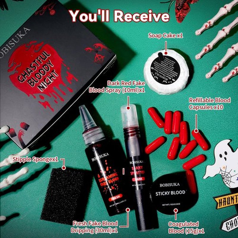 Halloween Fake Blood SFX Makeup Kit – Realistic Liquid Spray, Dripping Blood, Coagulated Gel, Capsules, Sponge & Soap – Washable Special Effects Body Paint for Vampire & Zombie Costumes