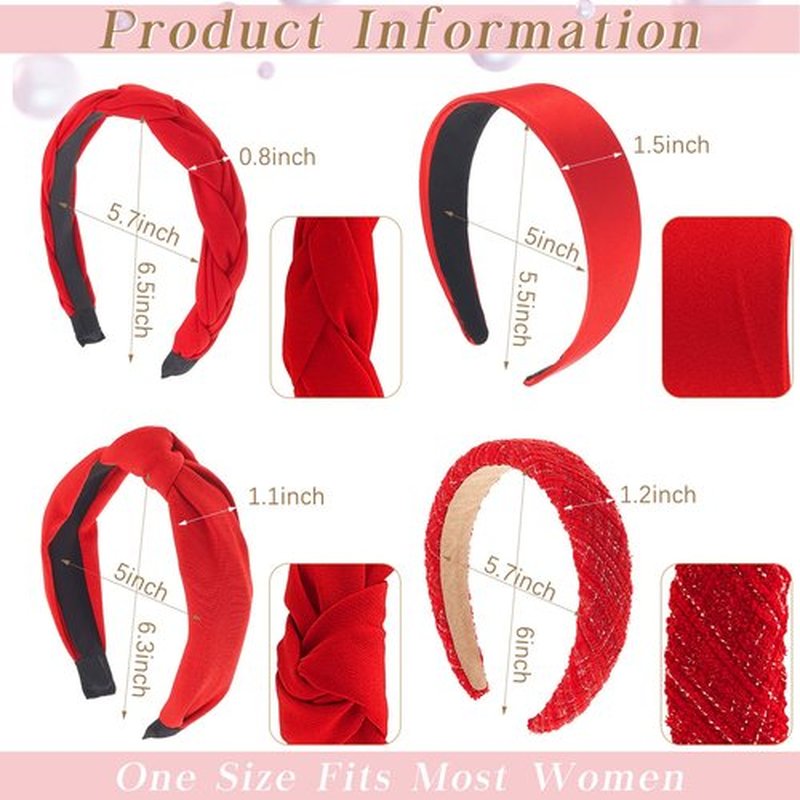 Taiyin 4 Pack Red Headbands for Women, Knotted & Braided Satin Velvet Hairbands, Criss Cross Wide Headband Set, Valentine's Day Gift Hair Accessories