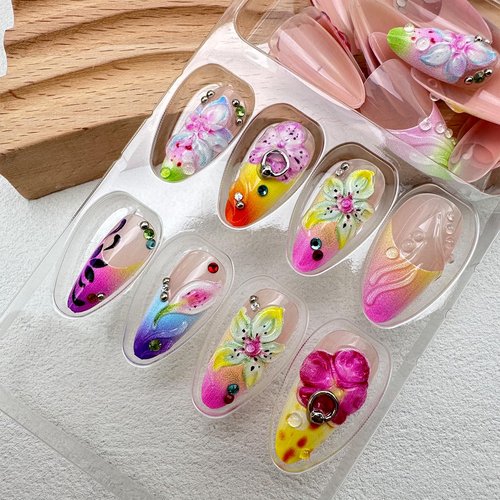 LBPEPAMZ 24Pcs Colorful Flower Press on Nails Medium Almond Fake Nails with 3D Water Drop Rhinestones Design Yellow Blue Ombre French Tip False Nails Summer Spring Acrylic Stick on Nails for Women