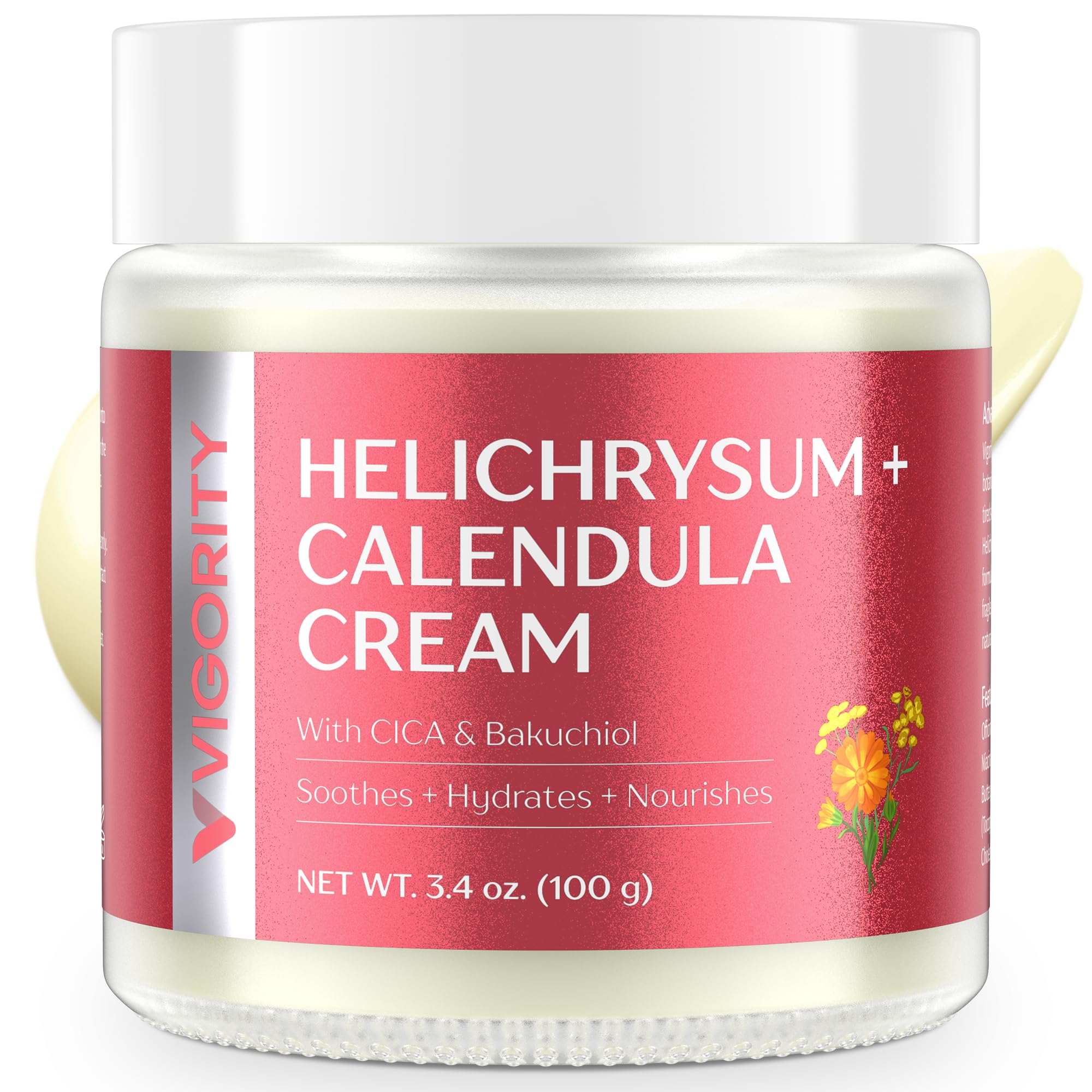 Vigority Calendula Cream: Soothes Calendula Cream for Mature, Thin & Fragile Skin with Helichrysum, Bakuchiol & CICA - Hydrates, Nourishes & Strengthens Skin Barrier - Non-greasy Fragrance Free 3.4oz