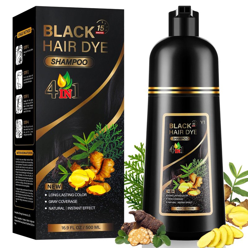 YUOLITA 4 in 1 Black Hair Dye Shampoo for Gray Hair, Semi-Permanent Instant Hair Color Shampoo for Women and Men, Herbal Ingredients Hair Care, 100% Grey Coverage 500ml