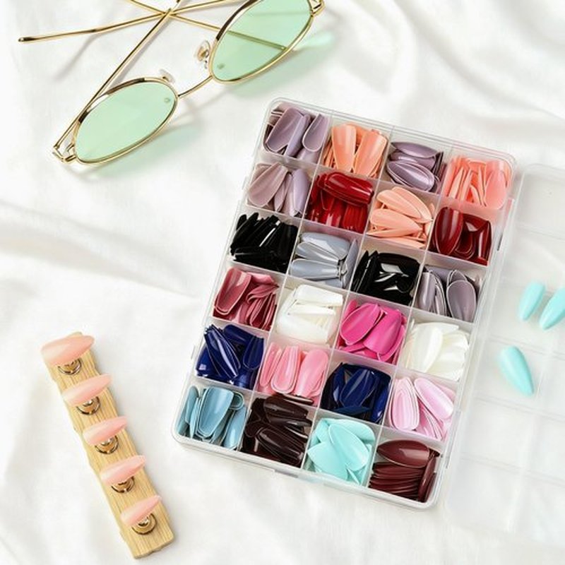U-LIAN Press on Nails Short, 2 Shapes 576PCS Fake Nail, Almond Square and Medium Coffin Glossy Press on Nails Kit, 24 Packs Full Cover Press On with Glossy Designs For Women Girls