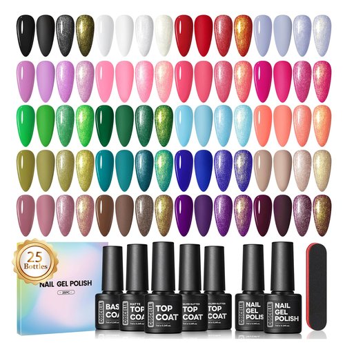 COSCELIA 25PCS Gel Nail Polish Set Winter Spring Colors Gel Nail Polish Soak Off with Glossy Matte Silver Golden Glitter Top Coat Red Brown Black White Green DIY Valentines Day Gifts for Women Girls