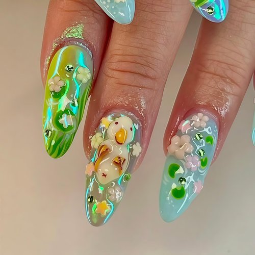 Handcrafted Press On Nails Italian Vacation Style Duck & Garden Pond 100% Handmade Realistic Artistic Fake Nails With Adhesive Glue Tabs And Tool Gifts For Women (Hand-Painted Duck,Medium M)