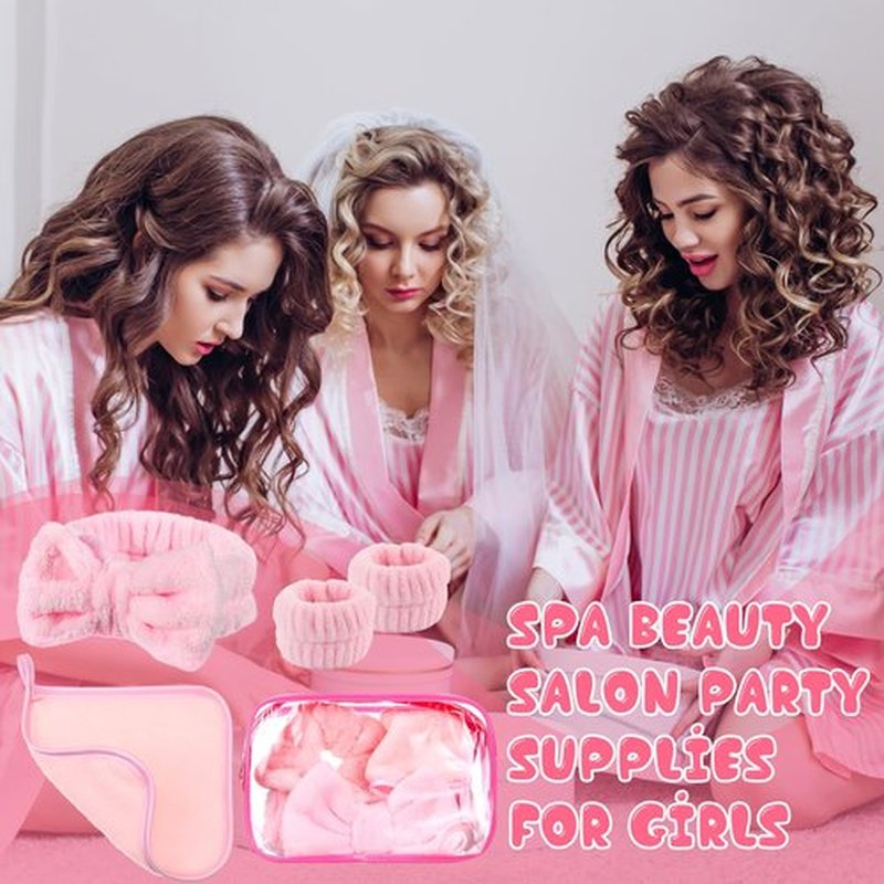 Hoteam 36 Pieces Galentines Spa Party Supplies for Girls Sleepover Party Supplies 6 Spa Headband 6 Wristband 6 Velvet Scrunchies 6 Makeup Remover Cloth 6 Clear Cosmetic Bags for Skincare