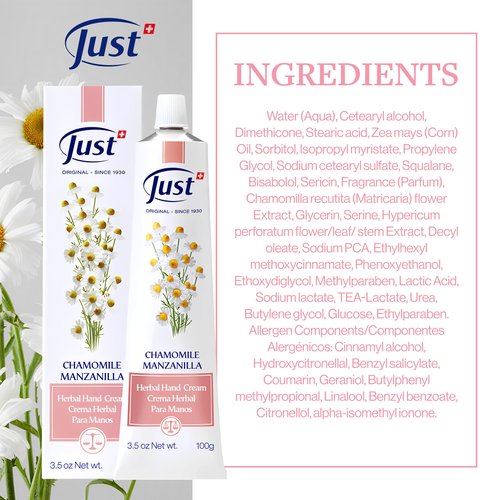 SwissJust Chamomile Hand Cream 100ml, Protecting Cream that Concentrates the Comforting & Relaxing Properties of Chamomile. Strengthens the skin, Provides Elasticity & Restores Anti Aging Hand Cream