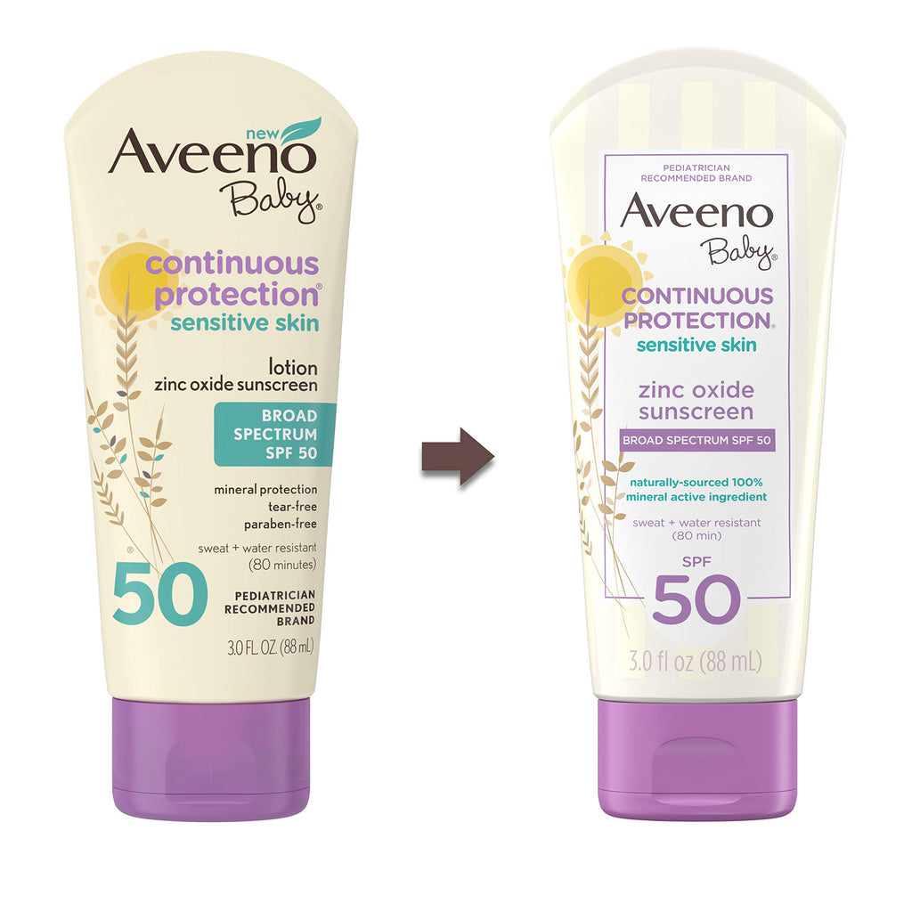 Aveeno Baby Continuous Protection Zinc Oxide Mineral Sunscreen Lotion for Sensitive Skin,Broad Spectrum SPF 50,Tear-Free,Sweat- & Water-Resistant,Paraben-Free,Travel-Size,3 fl. oz,(Pack of 2)