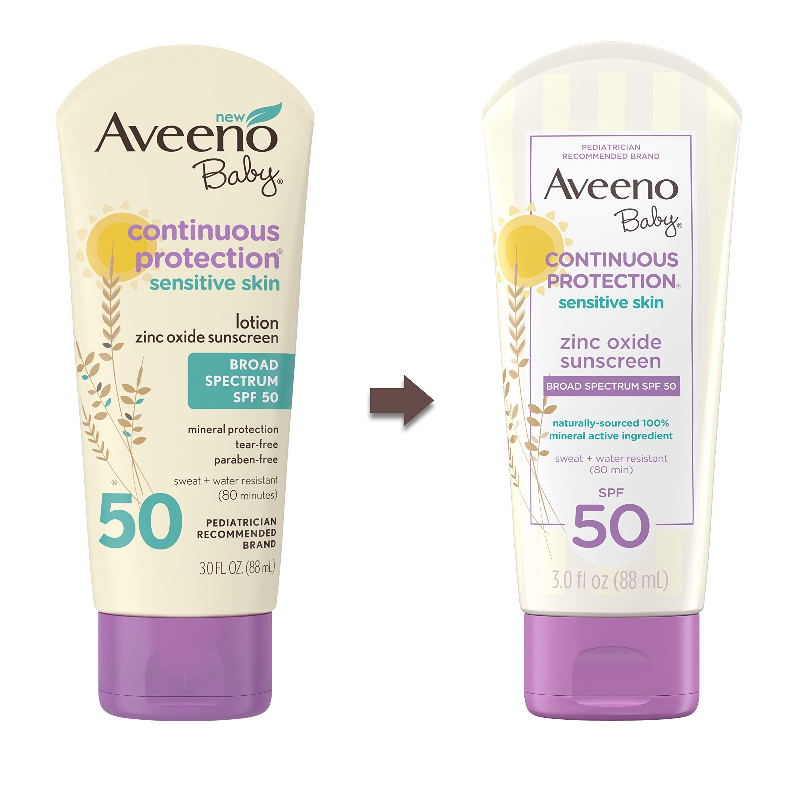 Aveeno Baby Continuous Protection Zinc Oxide Mineral Sunscreen Lotion for Sensitive Skin,Broad Spectrum SPF 50,Tear-Free,Sweat- & Water-Resistant,Paraben-Free,Travel-Size,3 fl. oz,(Pack of 2)