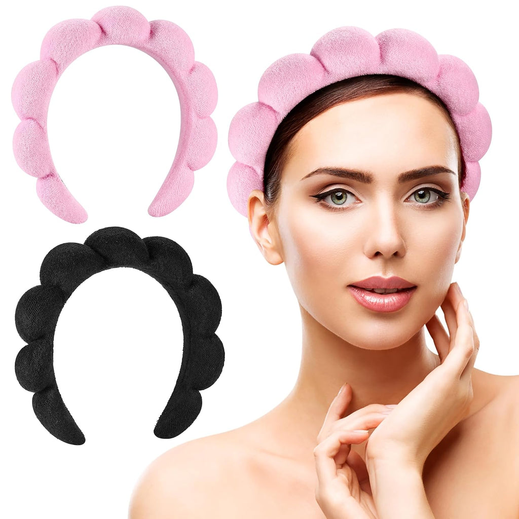Ztomine Spa Headbands - Set of 2 Terry Cloth Skincare Headbands for Face Washing | Black & Pink