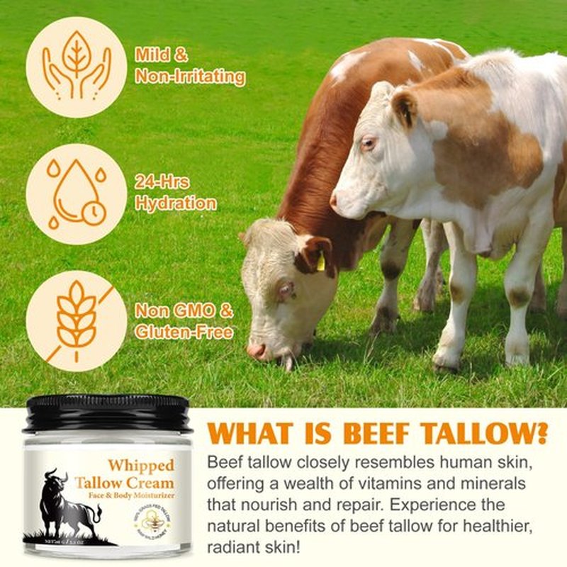 Beef Tallow and Honey Cream for Skin, Moisturizer Creams, Whipped Tallow Cream for Smooth Nourishing Face & Body, Natural Beef Tallow Balm for Skin Care, Beef Tallow, Butter and Honey Balm, 2 OZ