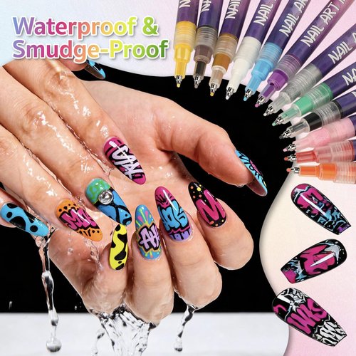 12 Colors Nail Art Pens Set,Premium Waterproof Nail Pens for Pail Art Painting Nails, Quick-Dry Nail Pens for Detailed Nail Design & Creative Manicures