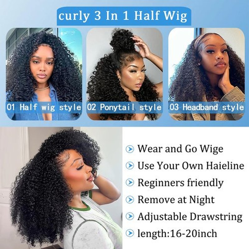 Ding Dian Kinky Curly Half Wig Human Hair 200% Density 3 IN 1 Glueless Wear and Go Half Wig Human Hair With Drawstring Seamless Clip Ins Flip Over No Glue No Lace For Women Beginner Friendly 18 Inch