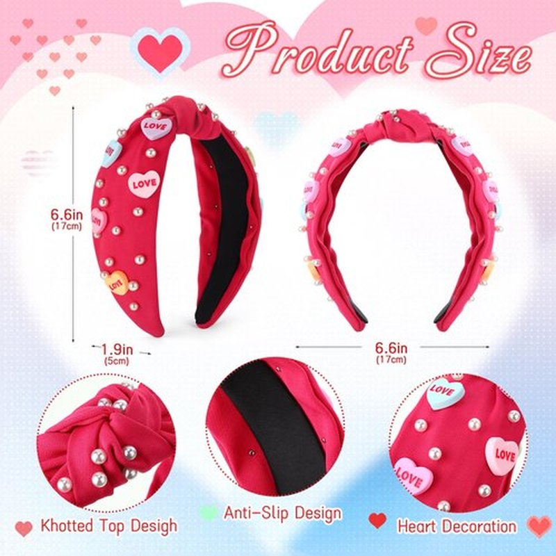 Hoteam 6 Pieces Valentine Headband for Women Beaded Love Heart Headband Pearl Rhinestone Crystal Jeweled Knotted Hairband for Valentine Hair Accessories Gifts(Red, Rose Red, White)