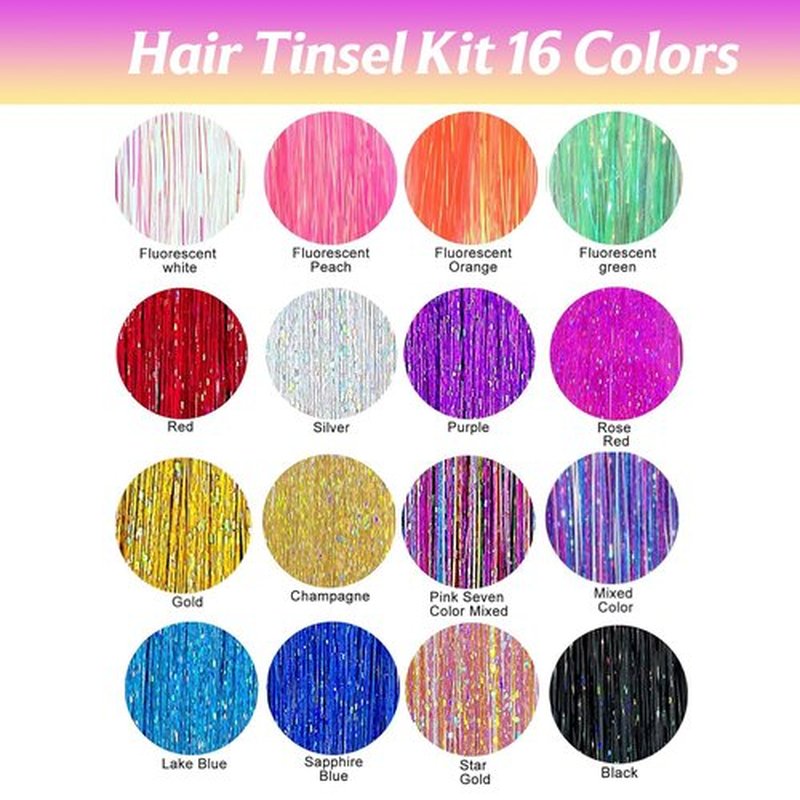 GTTUKK 4800+ Strands Hair Tinsel Kit with Tools, 16 Colors 48 Inch Fairy Hair Extensions, Heat Resistant Holographic Glitter Sparkle Strands with Silicone Beads, Pliers & Hook for Women Party