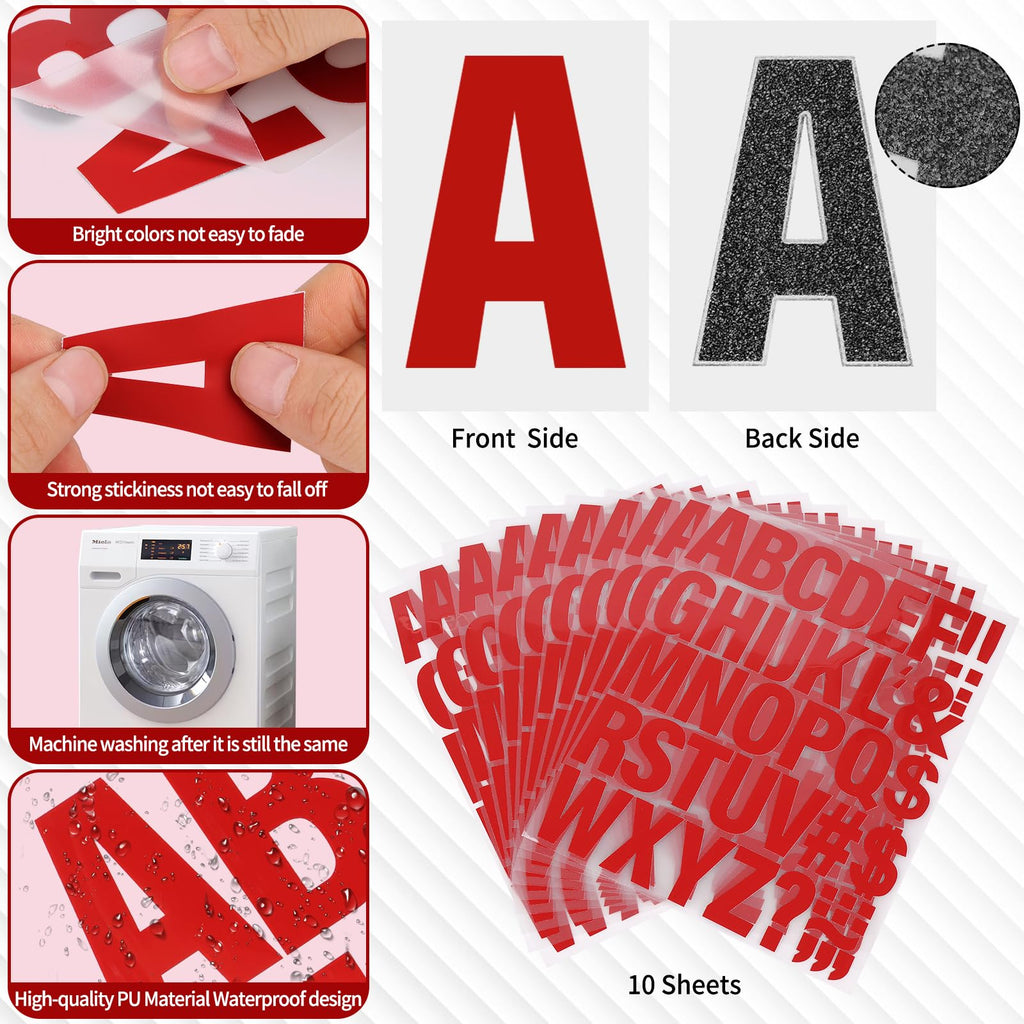 10 Sheets 440 Pieces Iron on Letters for Clothing, 2 Inch Heat Transfer Letters, Red Iron on Vinyl Letters with A-Z PU Alphabets Sticker for Fabric, Jersey T-Shirt Printing DIY Craft