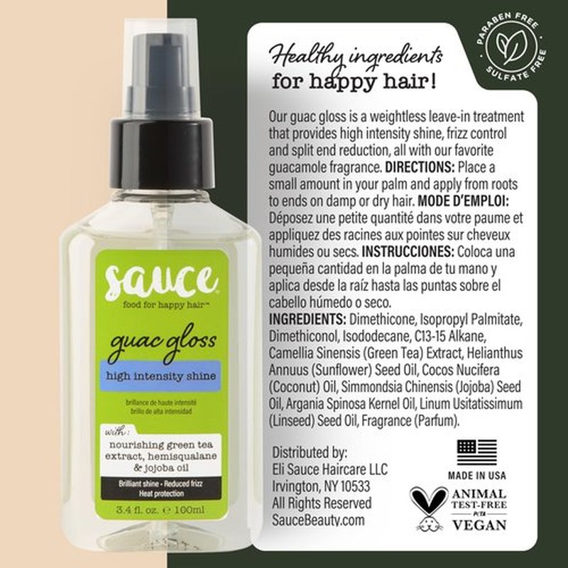 SAUCE BEAUTY Guac Hair Gloss, 3 Fl Oz High Intensity Shine, Jojoba Oil, Green Tea Extract & Squalane to Smooth, Boost Shine & Control Frizz for Sleeker, Softer, More Manageable Hair, Vegan Formula