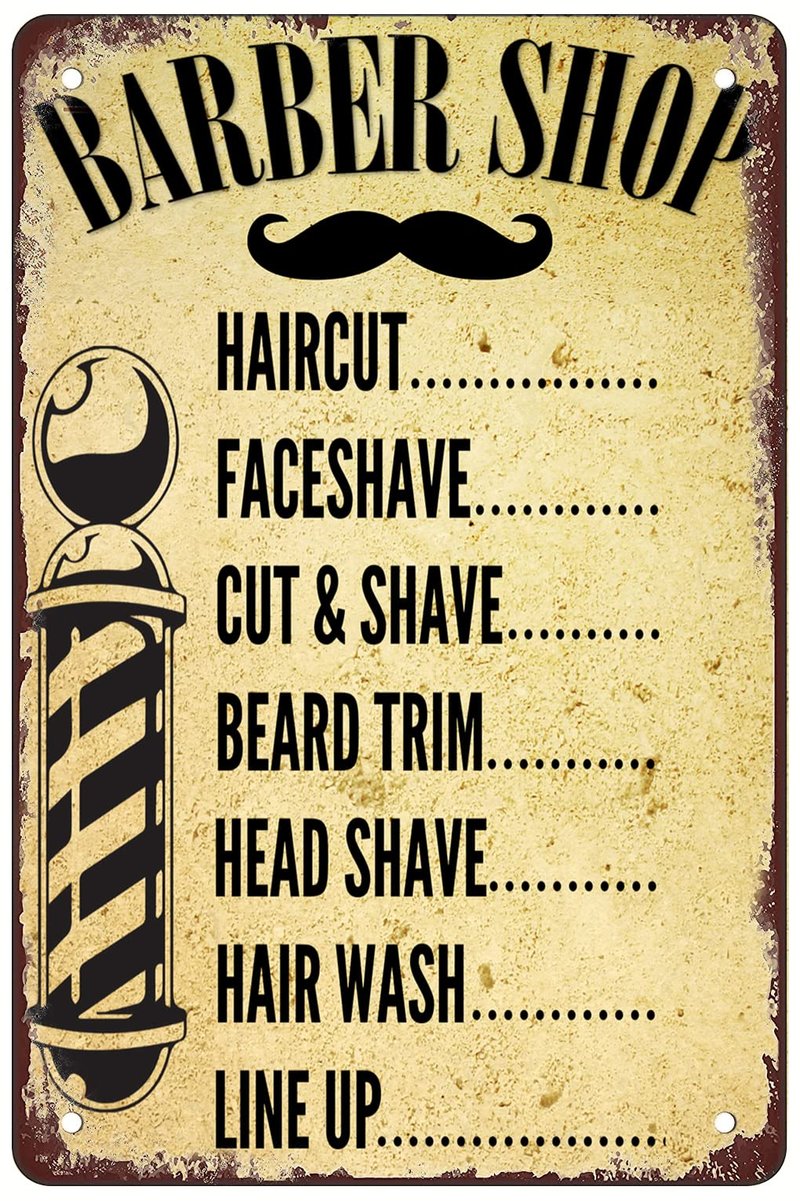 YTOMEAT Retro Tin Sign BARBERSHOP PRICE LIST Outdoor Porch Hanging Wall Decoration Size:8x12