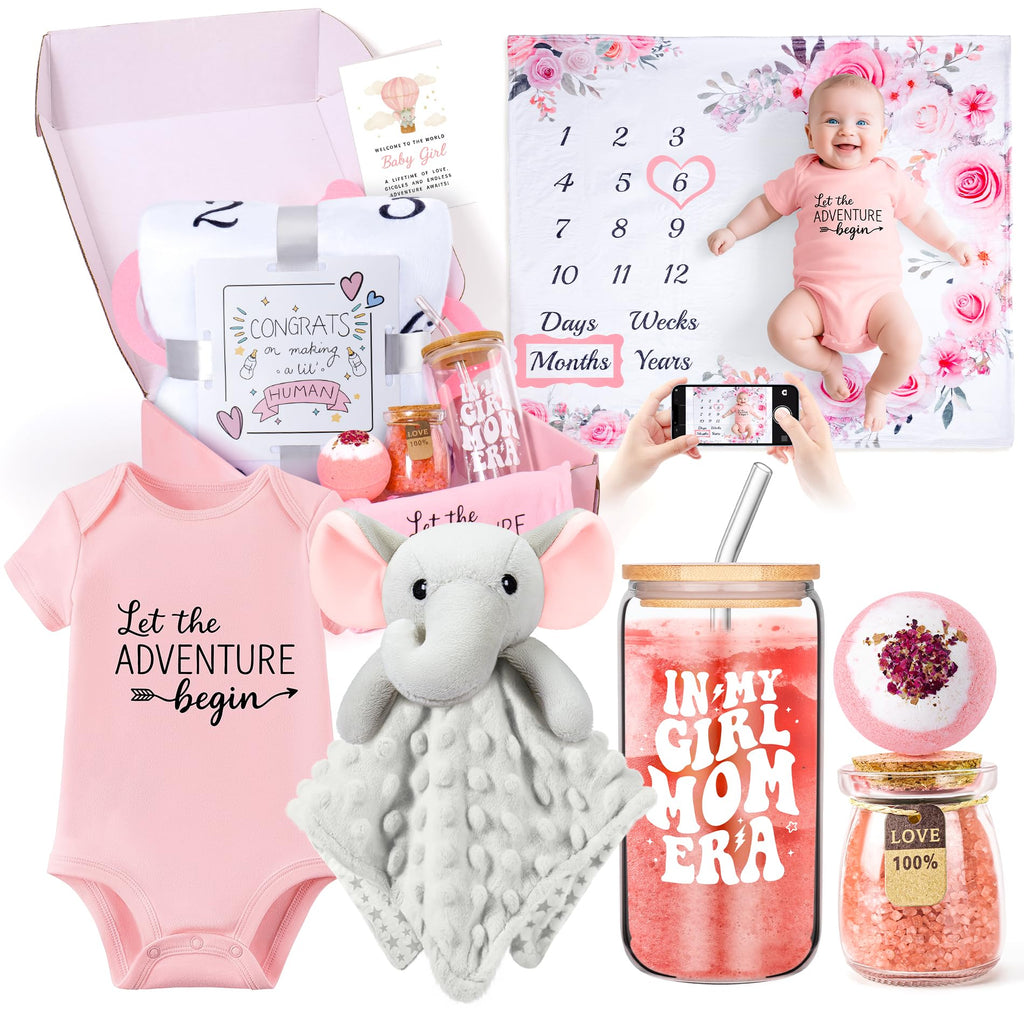 New Mom Gifts & Baby Girl Gift Set for Newborn,Baby Girl Gift Basket with Baby Milestone Blanket,Pregnancy Gifts for Expecting Mom,New Mom Care Package After Baby, Pregnancy Gifts for Women and Baby