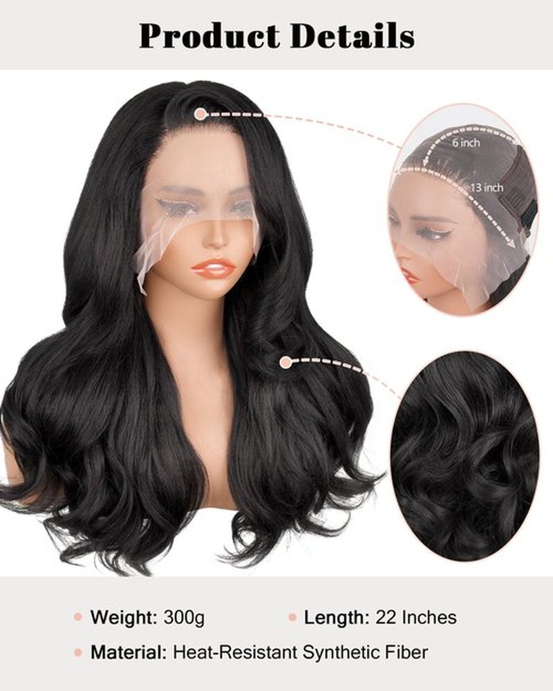 Cemuto Light Yaki Body Wave Wigs 13x6 Synthetic HD Transparent Invisible Lace Front Wig Double Texture Kinky Straight and Body Wave as Human Hair 180% Density 22inch Nature Black