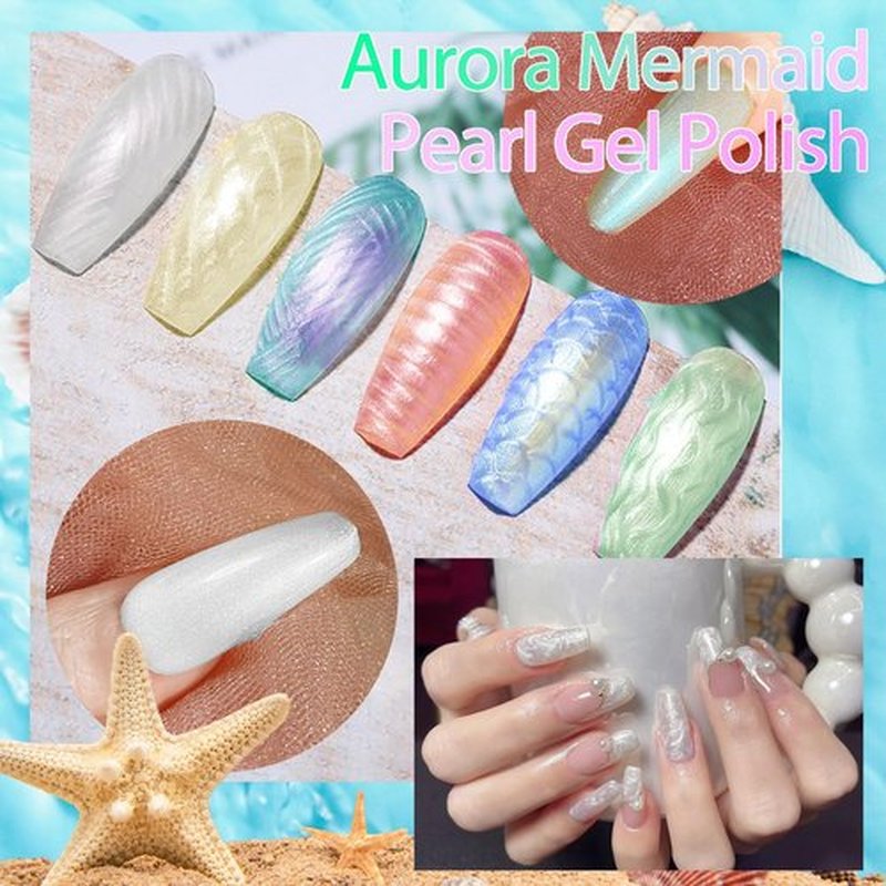 NAILGIL Pearl Gel Nail Polish Set, Mermaid Gel Polish White Pink Blue Green Yellow Aurora Shimmer Nail Drawing Soak Off Led Gel for Swirl Shell Thread Pearlescent Iridescent Effect, Set