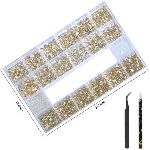 HNUIX Nail Rhinestones - 3D Multiple Shape Size Gems, Champagne Gold, Manicure beads, Pearls, Flatback Crystals Rhinestones, with Kit, for Nail Art Decor