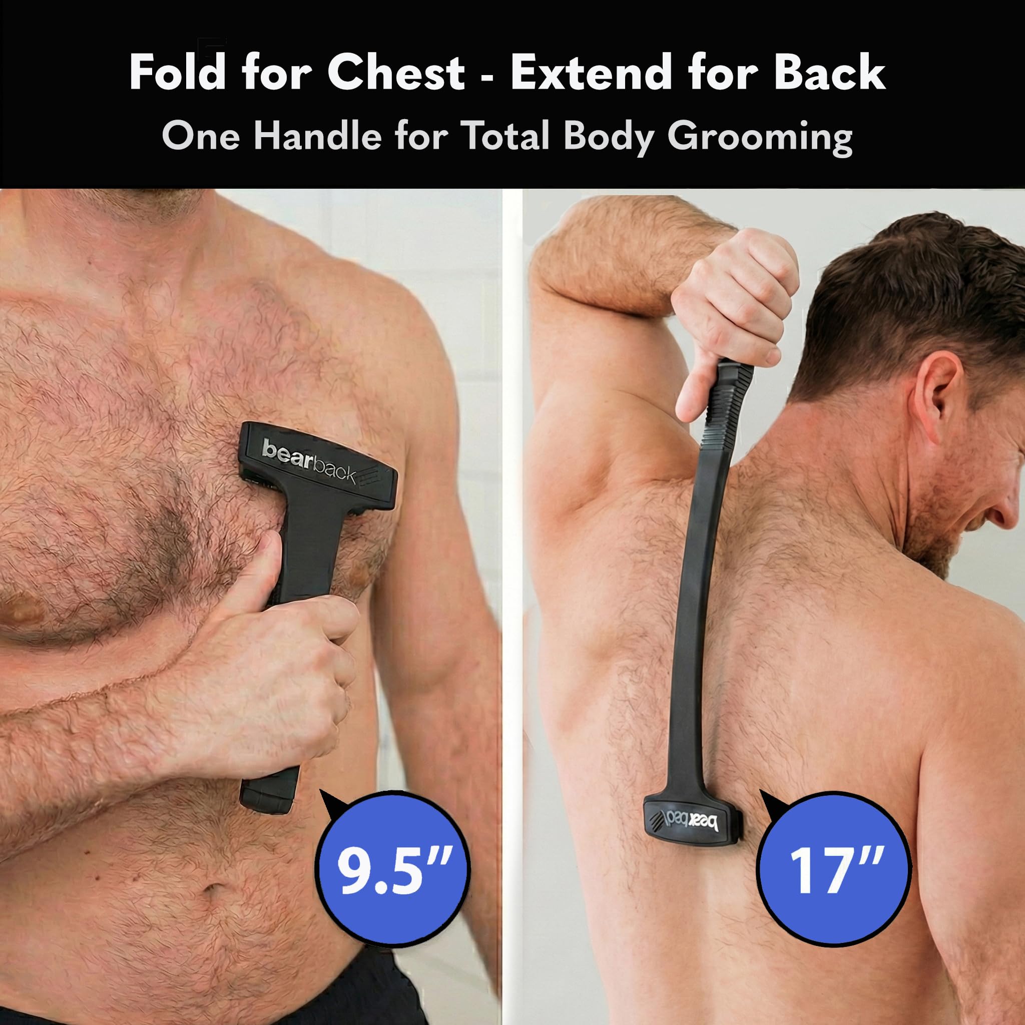 Bearback Back Shaver for Men - Effortless Reach 17” Folding Handle for a Smooth Solo Shave - Pivoting Triple Blade Technology, Part of the Bearback Interchangeable Grooming System