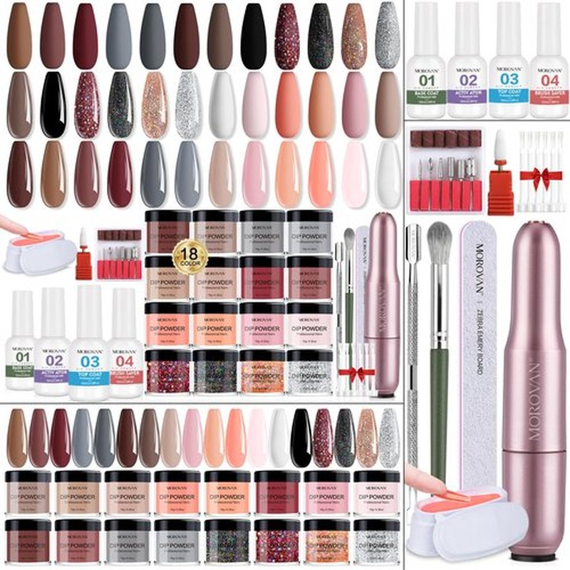 Morovan Dip Powder Nail Kit: Starter Kit 54pcs Nails Dipping Powder Set 18 Colors with Electric Nail Drill