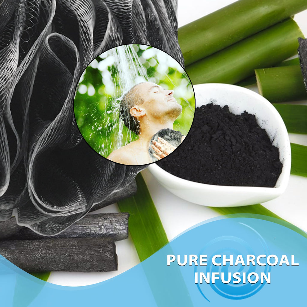 SHOWER BOUQUET Loofah-Charcoal Bath-Sponge-4-Pack // Extra-Large 75g Soft Mesh Black Loofa Lufa Loufa Luffa Puff Set/Exfoliating Body Scrubber for Women and Men - Exfoliate & Soothe Face & Body
