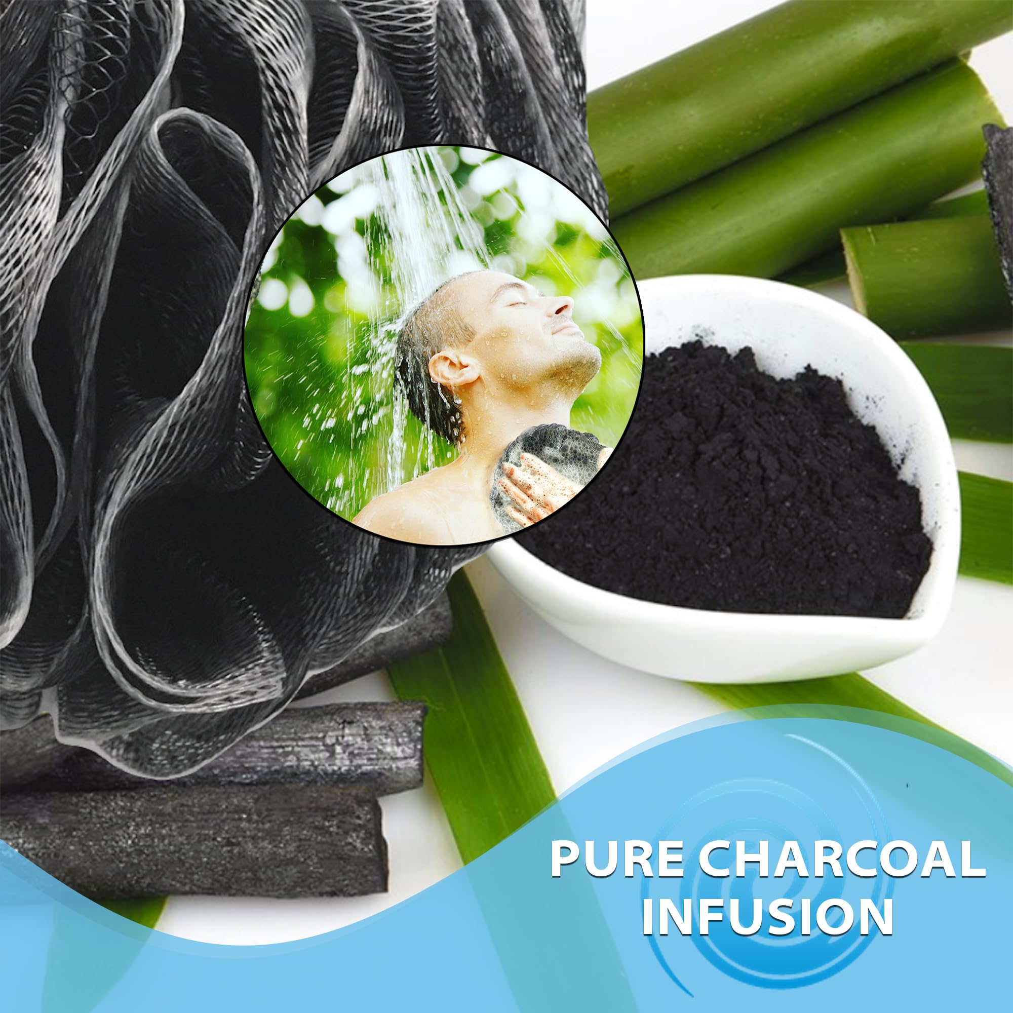 SHOWER BOUQUET Loofah-Charcoal Bath-Sponge-4-Pack // Extra-Large 75g Soft Mesh Black Loofa Lufa Loufa Luffa Puff Set/Exfoliating Body Scrubber for Women and Men - Exfoliate & Soothe Face & Body