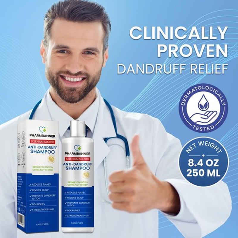 PHARMBANNER Anti-Dandruff Shampoo with Selenium Sulfide – Medicated Anti-Fungal Formula for Seborrheic Dermatitis & Folliculitis – Itchy, Flaky & Oily Scalp Relief – Menthol & Lavender Oil