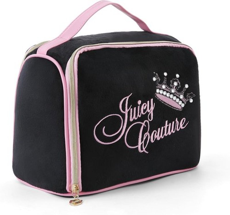Juicy Couture Black Makeup Bag - Vintage Velour Cosmetics Organizer with Rhinestone Crown