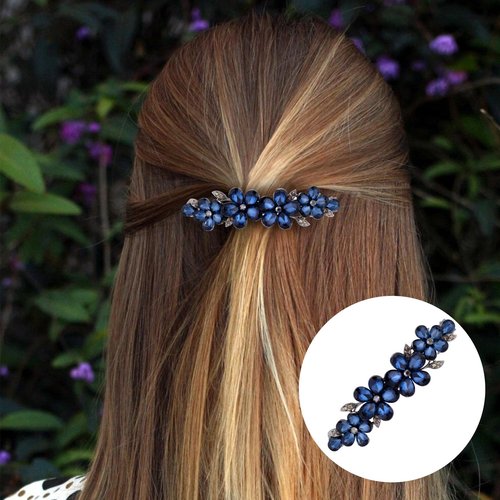HINZIC Sparkly Rhinestone Hair Clip, Crystal Blue Flower Prom Barrettes Wedding Engagement Pageant Formal Dressy Decorative Accessories for Bride Women Thick Long Hair - 1PCS
