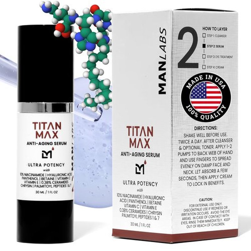 Man Labs Titan MAX Anti-Aging Face Serum for Men – Ultra Potency Mens Face Lotion – Skin Tightening Cream for Face – Mens Skin Care – Vitamin C & E, 10% Niacinamide, Hyaluronic Acid – Unscented