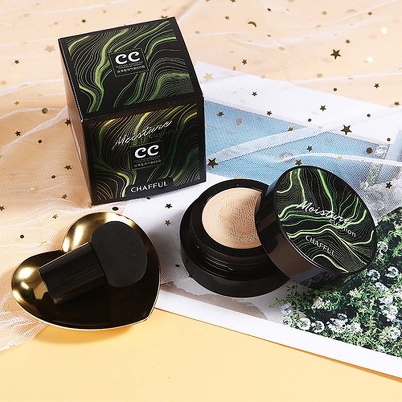 Mushroom Head Air Cushion CC Cream Natural Foundation,Phoera Powder, Bright Makeup Base Long Lasting with Makeup Sponge and Flat Top Kabuki Foundation Brush (#03 Warm Nude)