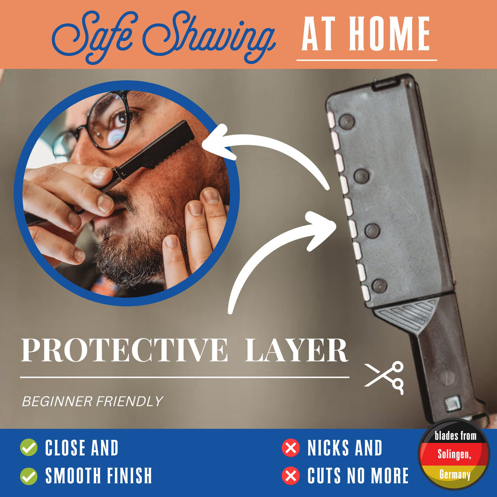 Homie Patented Straight Edge Razors for Men, Close Shaving Razor for Beard with 11 Disposable Blades, Easy to Use and Replace Single Edge Razor Blades with Protective Layer & Safety Lock - Black Zebra