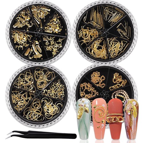 SILPECWEE 4 Boxes Gold Nail Charms Nail Jewels 3d Nail Art Charms Hollow Nail Studs Beads Charms For Nails Metal Chains Nail Art Decoration with Tweezers