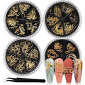 SILPECWEE 4 Boxes Gold Nail Charms Nail Jewels 3d Nail Art Charms Hollow Nail Studs Beads Charms For Nails Metal Chains Nail Art Decoration with Tweezers