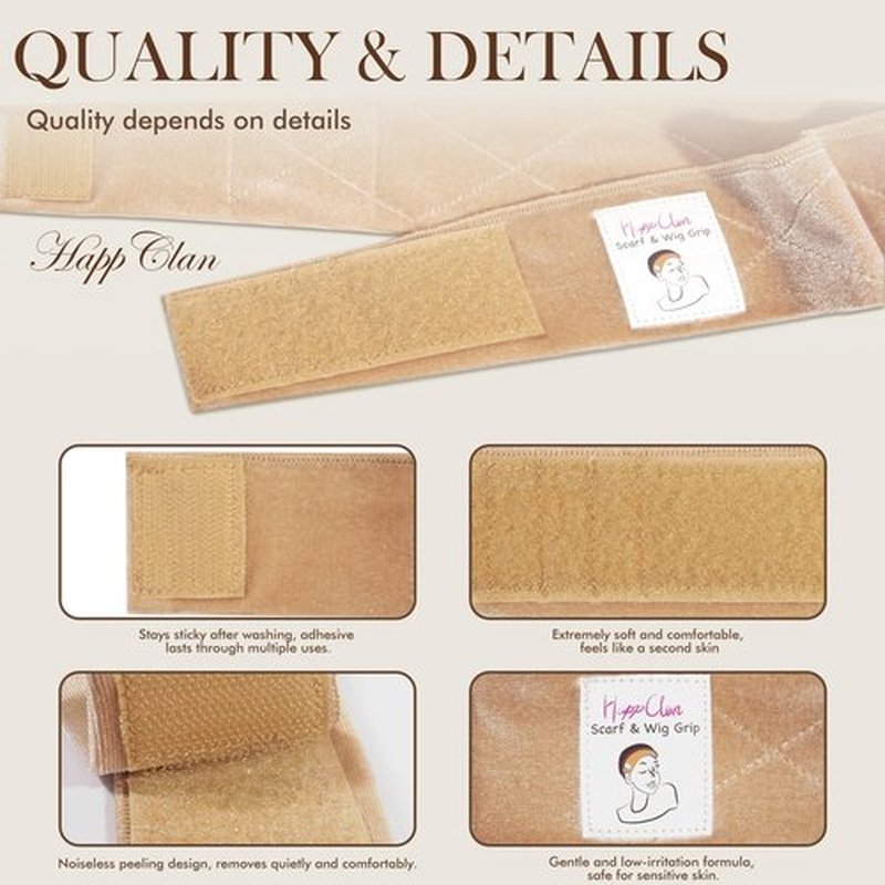 HappClan Velvet Wig Grip Bands - 2 Pcs Adjustable Non-Slip Headbands + 4 Pcs Caps for Women, All-Day Comfort Secure Wear Accessories (Beige)