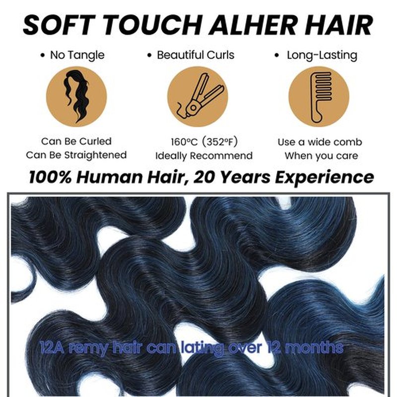 ALHER Black Mix Blue Highlight Bundle Human Hair Body Wave, 12A Soft Thick 3 Bundles Wavy Human Hair, 100% Remy Hair Midnight Blue Highlight Two Tone Subtle Colored Double Weft (#1B/Blue, 14 16 18 IN)