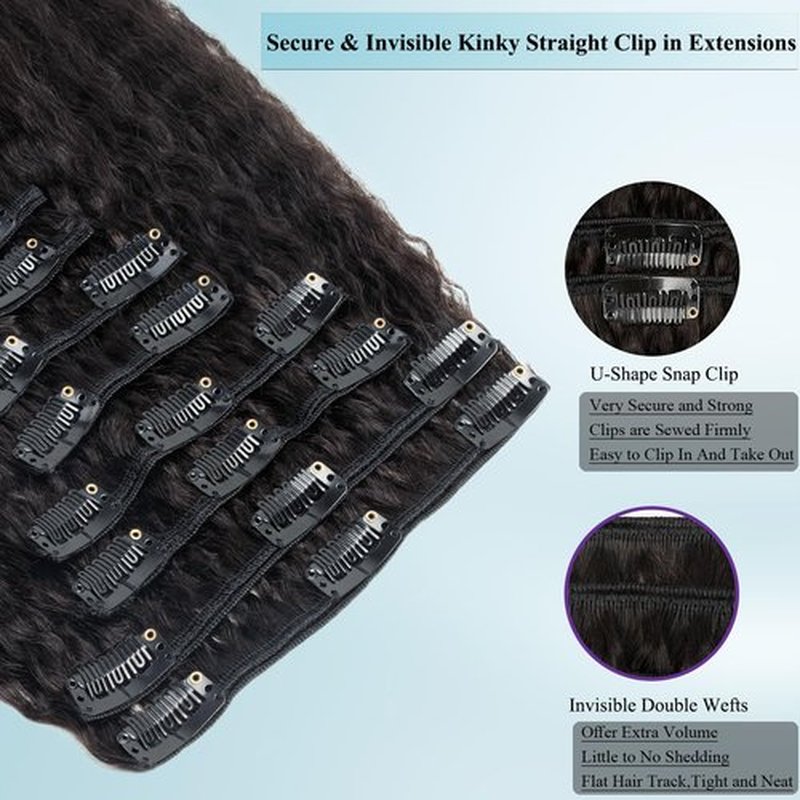CiTake Kinky Straight Clip in Hair Extensions Real Human Hair 18 Inch 100g/8pcs Yaki Straight Clip ins for Black Women 10A Brazilian Virgin Human Hair Clip in Extensions Double Weft Natural Black