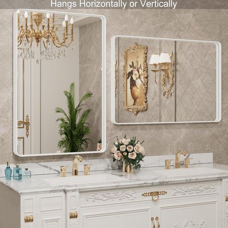 LOAAO White Metal Framed Bathroom Mirror - Large 40x36 Inch Rounded Rectangle | Anti-Rust Tempered Glass