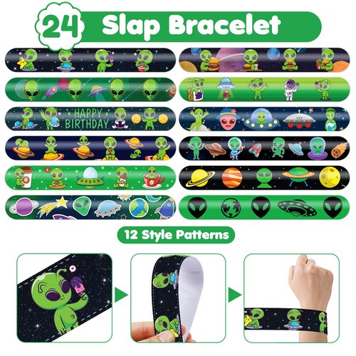 Cherisnowy 72 PCS Alien Party Favors 48 Tattoos Sticker and 24 Slap Bracelets Wristbands Perfect for Space Themed Birthday Baby Showers or Classroom Rewards Ideal Decor and Gifts for Girls and Boys