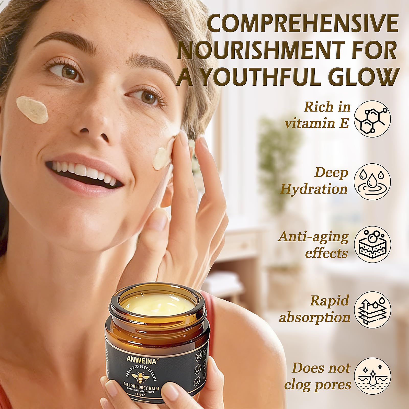 Loobexery Organic Grass-Fed Tallow Honey Balm, Beef-Tallow for Skin Whipped Beef Tallow and HoneyBalm with Raw Honey - Natural Beef Tallow Face Moisturizer for Body & Face (2 Oz)