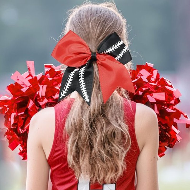 DEEKA 12 PCS Softball Cheer Bows with 2 Glitter Stitching Two Toned Cheerleader Team Bows Elastic Band for Softball Sports Girls (Red/Black+White Stitching)