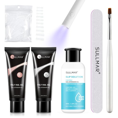 SULLMAR Poly Nail Gel Kit 15ml/0.5fl.oz Clear and Nude Poly Gel Nail Extension Flase NAIL Gel with Slip Solution Nail Dryer for Beginner(Clear&Nude)