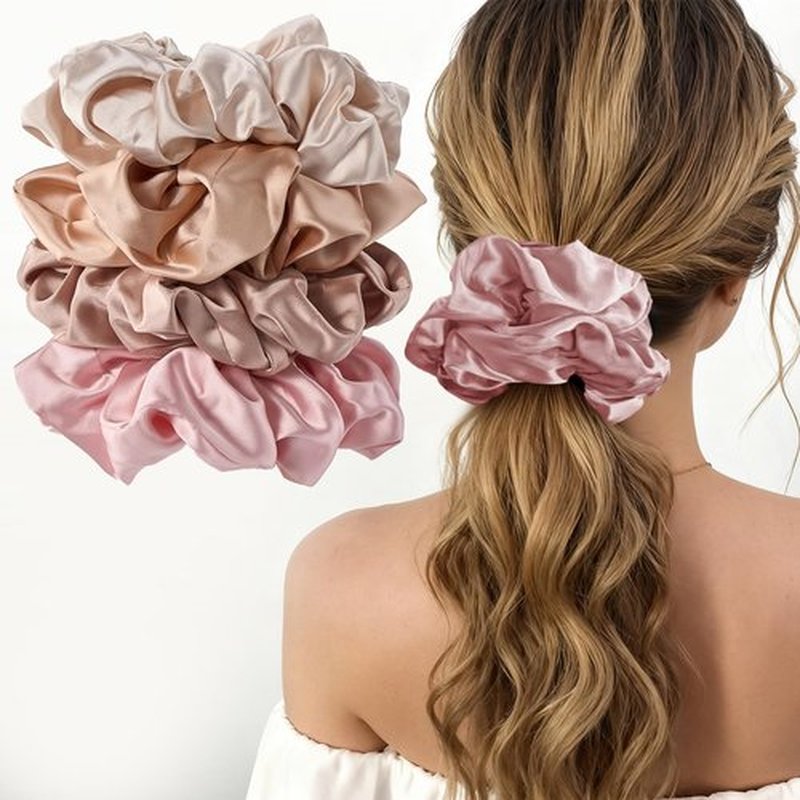Lolalet Big Satin Scrunchies for Women, 5.9 Inch Large Oversized Scrunchie, Soft Jumbo/Giant Scrunchies Hair Ties for Thick & Curly Hair -4 Pack, Light Caramel/Champagne/Pink/Khaki