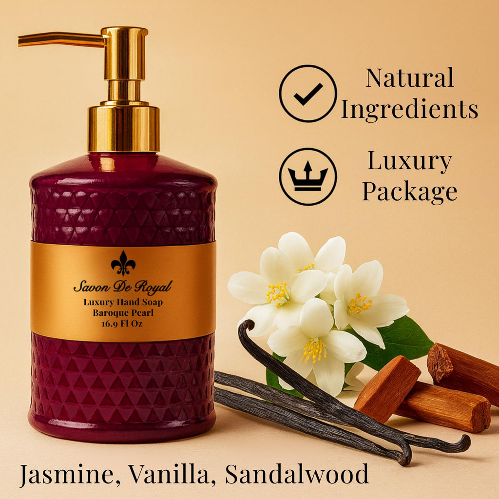 Savon De Royal Luxury Liquid Hand Soap, Jasmine - Vanilla - Sandalwood Scent, Moisturizing Vegan Bathroom Soap for Hand Wash, Gentle & Nourishing Formula, Refillable Bottle 16.9 Fl Oz, Baroque Pearl